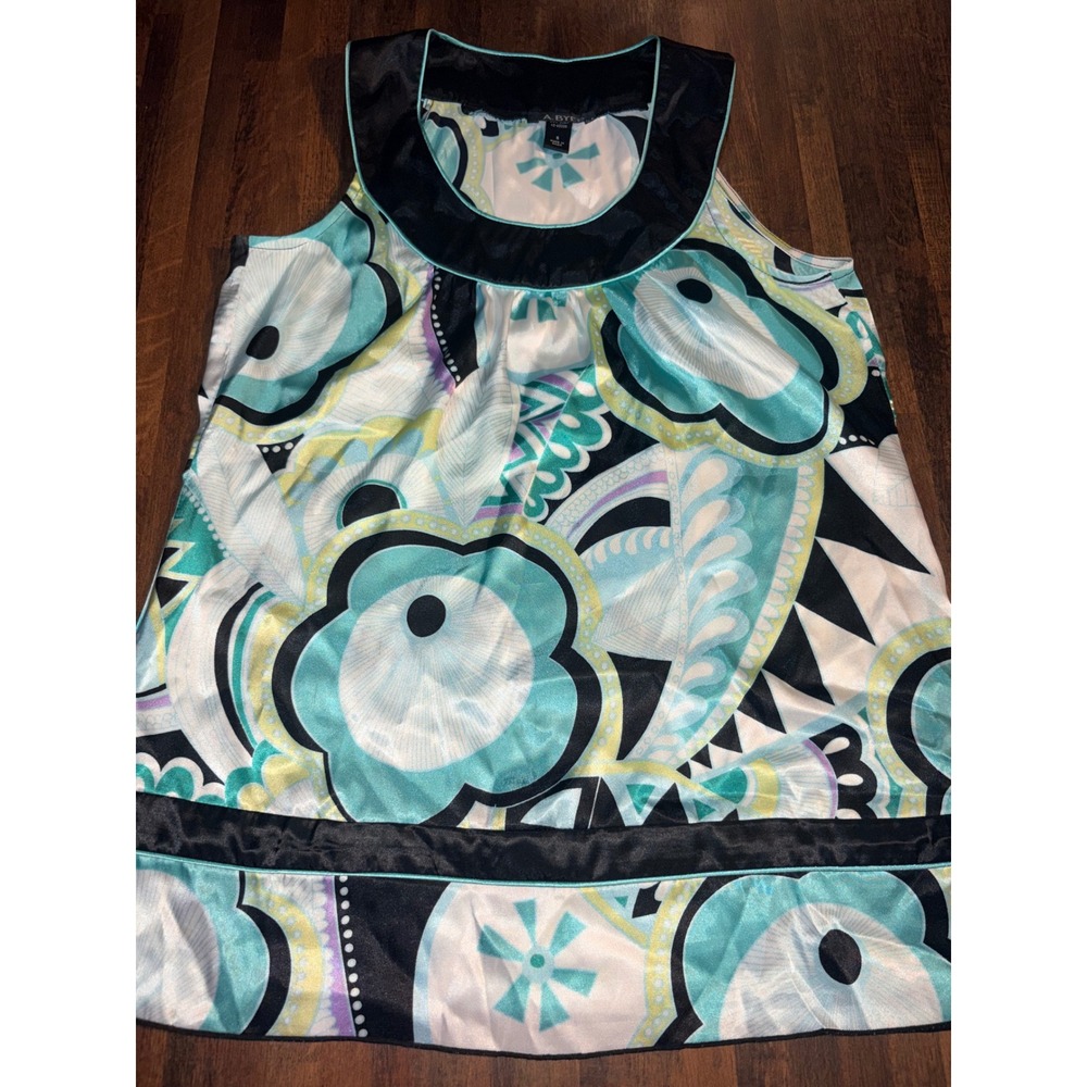 A. Byer Womens Small Turquoise Black Abstract Floral Satin Sleeveless Blouse Top
